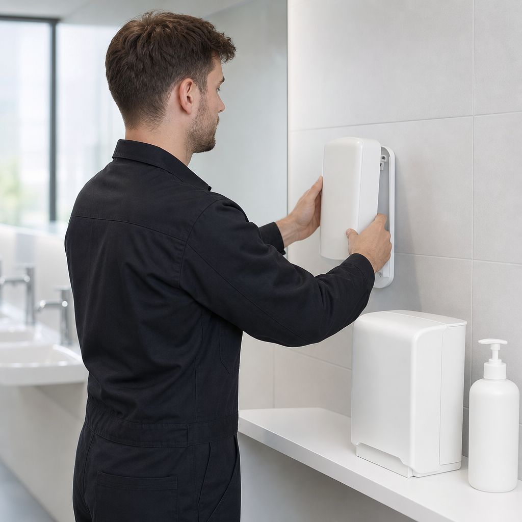 Servicemitarbeiter wechselt Hygiene-Verbrauchsmaterial im Waschraum