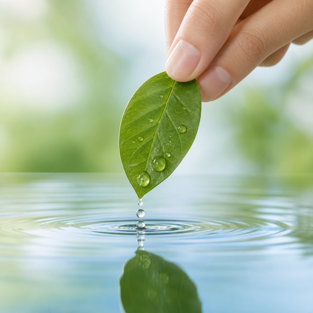 Hand mit frischem grünem Blatt über einer Wasseroberfläche
