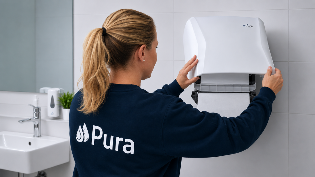 Pura Servicemitarbeiterin wechselt Rollenpapier im Waschraum